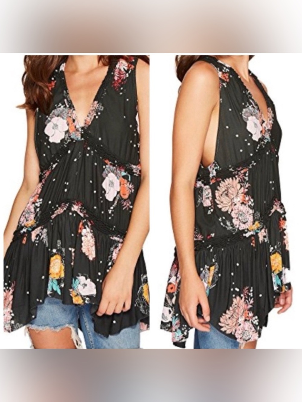 EUC Free People Haze Floral Tunic Top Dress Gray Boho Tiered Size Large
